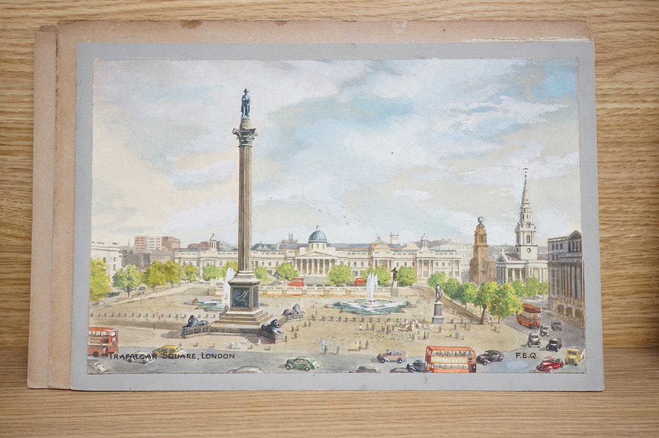 Frank Ernest Quinton (20th. C), a set of five original watercolours for postcard designs, London scenes comprising; ‘Houses of Parliament’, ‘Trafalgar Square’, ‘Westminster Abbey’, ‘Tower of London’ and ‘Horseguards, Whi